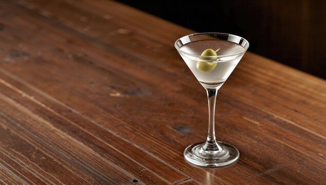 Martini cocktail served on a wooden surface, featuring an olive garnish, ideal for editorial layout