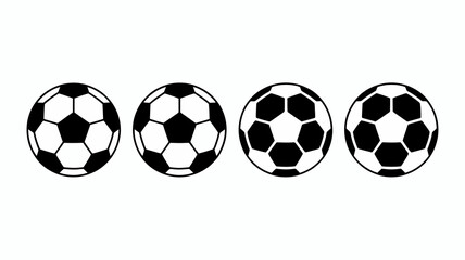 Four distinct black and white soccer balls arranged in a line, showcasing classic football game icon variations for sports design. © DesignHub