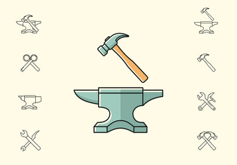 Central anvil with hovering hammer surrounded by various tool icons