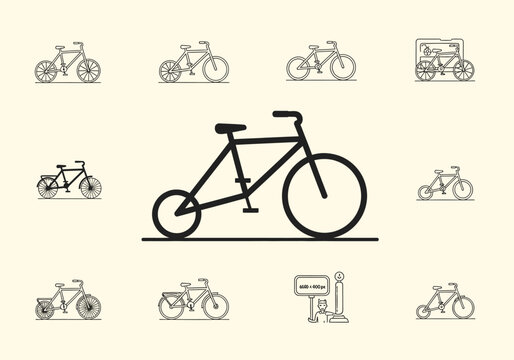 Collection of blackline icons depicting various bicycle styles and related imagery