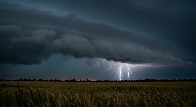 Dramatic landscape shot with lightning illuminating a dark, stormy sky over a field of golden crops - Powered by Adobe