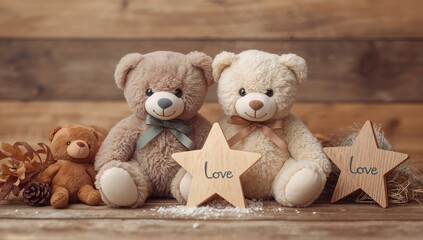 Two wooden stars beside two teddy bears, a charming childhood gift, love theme