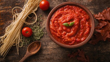 Tomato paste in rustic bowl with dry spaghetti, cherry tomato, dried oregano, and wooden spoon, fiber-dense choice