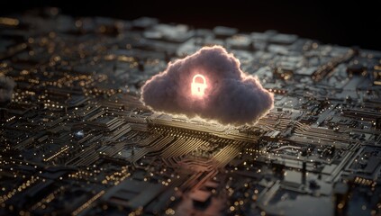 A glowing cloud with a lock graphic sits atop a circuit board