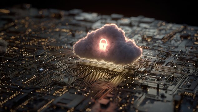 A glowing cloud with a lock graphic sits atop a circuit board