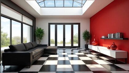 Modern living room interior with red accent wall, checkered floor design. Black sofa, big windows create stylish home decor. Plants decorate spacious, bright apartment. Concept of contemporary