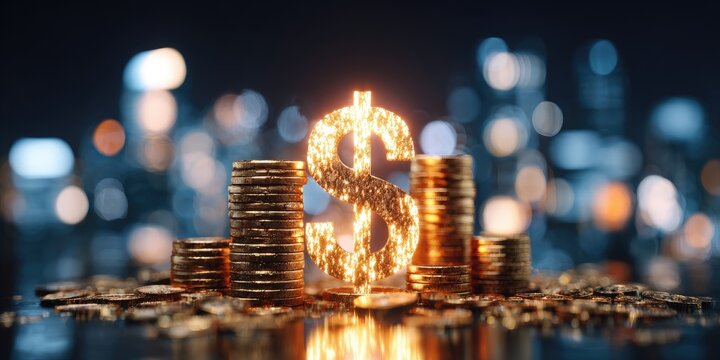 Golden dollar sign atop stacks of coins in front of a city at night - Powered by Adobe