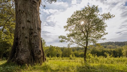 A decaying trunk of an ancient oak tree alongside a young oak sapling in the Notecka Forest, showcasing seasonal change