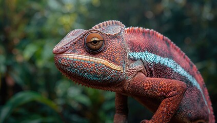 Fototapeta premium Close-up of a Panther Chameleon in a Tropical Forest, showcasing vibrant colors and wildlife, illustrating the theme of biodiversity