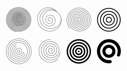Collection of abstract geometric spiral and concentric circle patterns, vector line art designs on isolated white background.