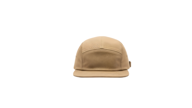 Tan leather five panel baseball cap with flat brim isolated on a transparent background