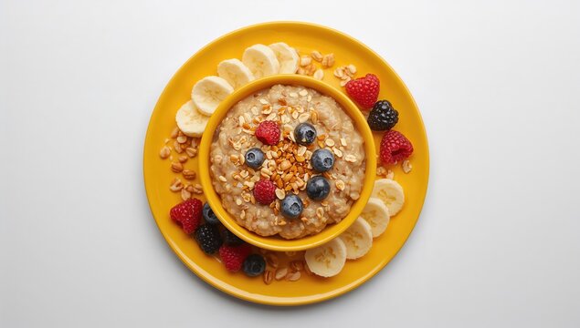 Oatmeal served in a bowl on a yellow plate, topped with banana, nuts, and berries, fiber-dense choice - Powered by Adobe
