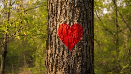 Red heart art on tree surface, symbolizing love and connection in nature, summer