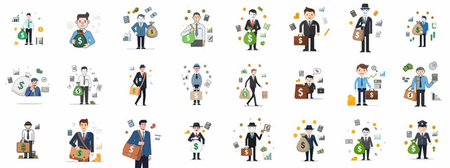 Naklejka premium Financial Business Characters Icon Set: Diverse collection of businessmen, accountants, and managers with money bags, graphs, and wealth symbols representing profit and investment.