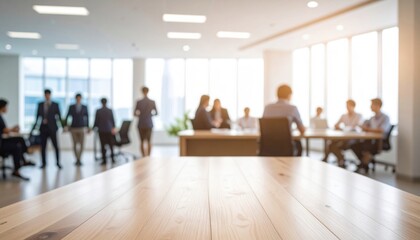 Modern office meeting table in foreground with blurred business people collaborating and walking in bright open workspace conveying professional teamwork and focused atmosphere