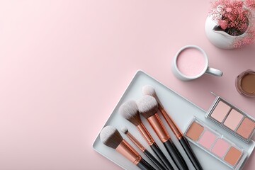 Overhead view (flat lay) of a clean, simple vanity desk with organized makeup brushes and palette, top view, neat organization, clean organization,