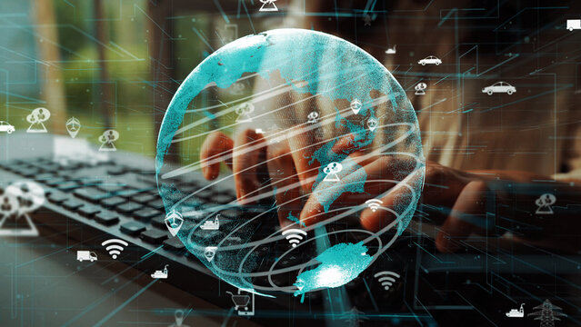 A captivating digital scene showcasing hands typing on a keyboard while a holographic globe represents global connectivity and technological innovation in a modern workspace. Xenic