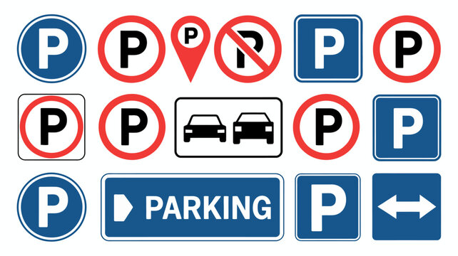 Collection of diverse parking signs, symbols, and icons, illustrating allowed, restricted, and designated areas.