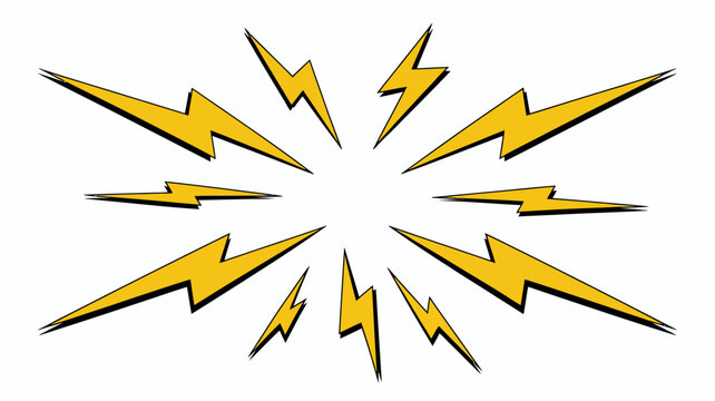 Comic lightning bolt burst effect with dynamic yellow electricity radiating outwards from a central point, energy flash graphic.