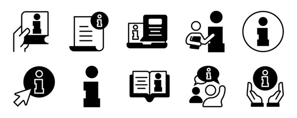 Information icon set. news, personal information, help, hint, support, instructions, inform, user info, key information, alert info icons. Solid icon collection. Vector illustration.