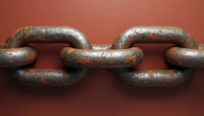 Fototapeta premium Rusty metal chain links on red background. Close-up view shows textured surface and aged appearance. Heavy industrial chain with corrosion and oxidation. Strong metal connection and bond.