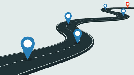 Winding road with multiple blue location pins marking the path towards a red destination pin, illustrating journey and progress