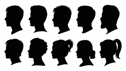 Collection of diverse male and female profile silhouettes, representing various head shapes, hairstyles, and identities.