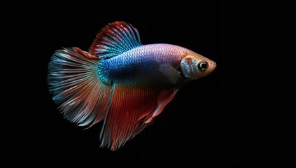Fototapeta premium Multi-colored Siamese fighting fish, isolated on dark backdrop, vibrant aquatic life display