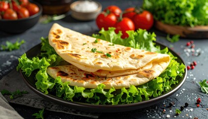 Golden Brown Naan Bread Served on a Bed of Crisp Green Lettuce Garnished with Chopped Parsley and Sprinkled Salt and Pepper with Cherry Tomatoes and Lettuce in the Background