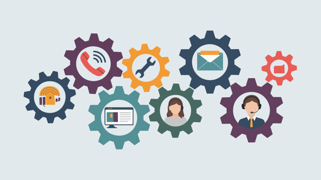 Integrated customer support and operational excellence concept with various service icons depicted within interlocking gears illustration