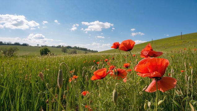 Poppies blooming in a cereal field, showcasing nature's beauty, spring renewal
