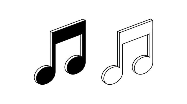 Isometric musical note icons, a solid black filled quaver and a line art outline quaver, representing melody, sound, and music for modern digital interfaces and graphic design projects.