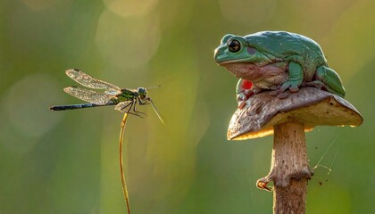 Green Frog Sits On Top Of A Mushroom Stalk Watching A Dragonfly Perched On A Plant Stem In A Natural Outdoor Setting