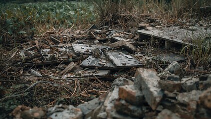 Construction site featuring debris with broken panels and bricks, highlighting environmental pollution risk
