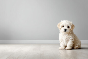 無地の背景に座るマルチーズの子犬（動物、ペット、コピースペース） / Maltese puppy sitting against a plain background (Animal, pet, copy space)