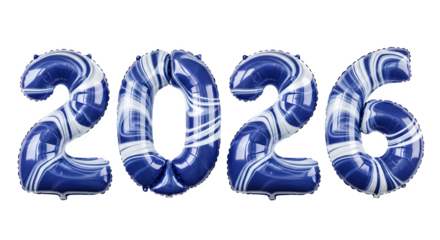 Blue marble balloons forming the number 2026, symbolizing the new year celebration isolated on transparent background