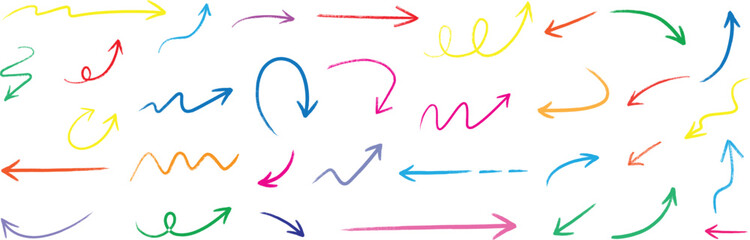Collection of colorful hand drawn arrows and scribbles, Set of arrows, cute art
