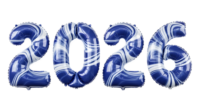 Blue marble balloons forming the number 2026, symbolizing the new year celebration isolated on transparent background