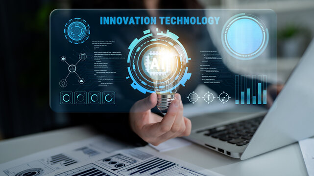 Innovation technology driven by Artificial Intelligence (AI). A concept of future tech development, machine learning, and business process automation. Motif