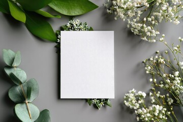 A blank card surrounded by greenery and delicate white flowers on a soft gray background