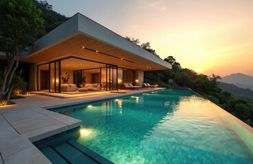 Modern luxury villa with suspended roof pool at sunset on hillside. Infinity pool overlooks lush green valley. Elegant interior living space glows warmly. Peaceful nature retreat.