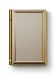 Overhead view of a closed book with a light tan cover, gold trim, and spine against a white backdrop