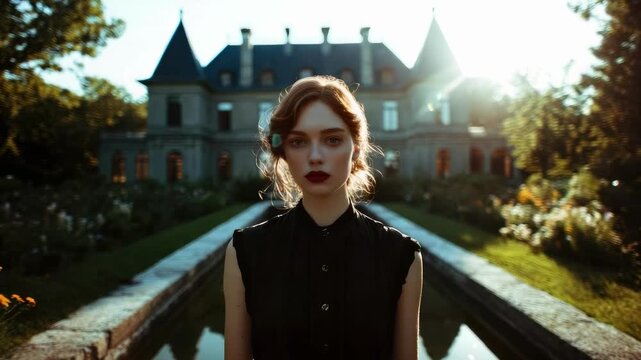 A woman in a black dress stands in front of a grand ch&acirc;teau with a long reflecting pool and formal gardens.