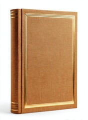 Isolated hardcover book with a brown fabric cover and gold trim details on a white background