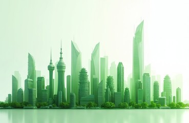 Fototapeta premium Futuristic green city skyline features diverse modern architecture, tall skyscrapers. Urban landscape displays eco friendly building designs with abundant trees. Scene sustainable development, tech