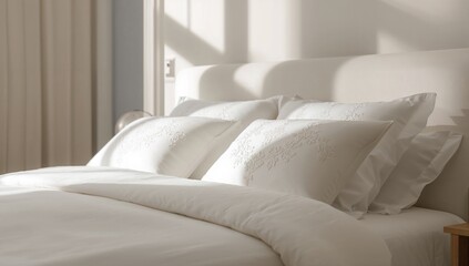 White pillows arranged on a bed in a bedroom setting, enhancing relaxation