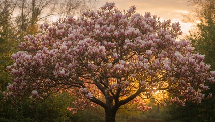 Magnolia tree with pink buds, blooming flowers in springtime light, seasonal change