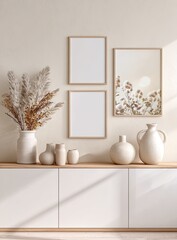 Interior scene with neutral tones. Features wall art, vases, and pampas grass. A minimalist aesthetic