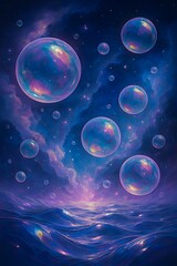 Surreal cosmic bubbles float above a shimmering ocean under a starry nebula sky