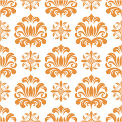 Fototapeta premium Orange damask pattern with stylized floral motifs on a white background Keywords: seamless pattern, damask, floral, stylized, orange, gold, white, background, texture, design, decorative, ornament